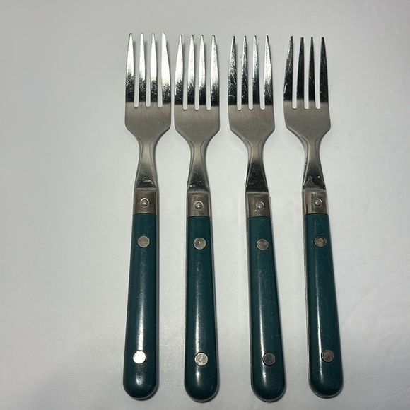 Pier 1 Imports Stainless Flatware Green Teal Rounded Handles SO 12 Forks Knives - Picture 2 of 14